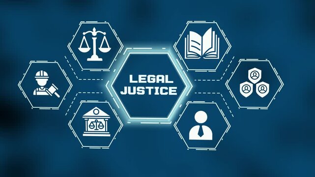  Legal justice and courtroom authority concept with scales of law and judicial icons.