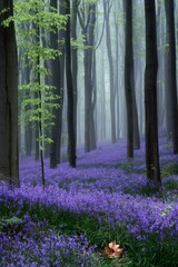 Bluebell carpet in misty forest with beech trees
