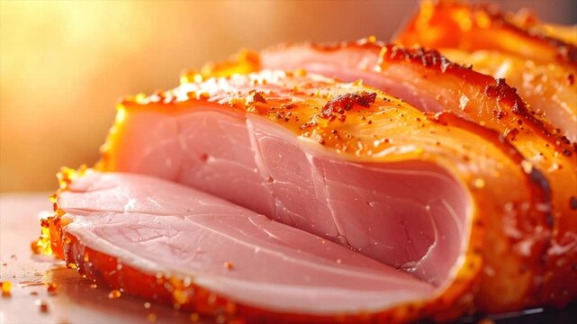 Close-up of sliced, cooked ham with golden, seasoned exterior, pink interior. Delicious and ready