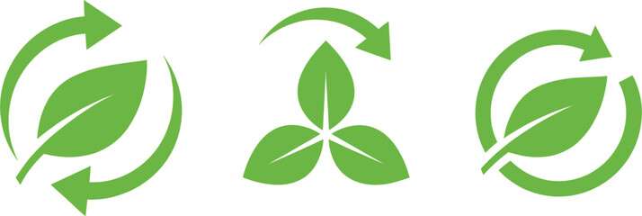 Green recycling leaf symbols and biodegradable organic product labels with circular arrows for sustainable packaging design and eco friendly branding identity.