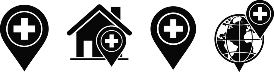Obraz premium Medical location map pin icon set with hospital building and earth globe symbols for healthcare navigation pharmacy finder clinic tracking and global medical emergency services flat vector.