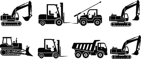 Heavy Construction Machinery Vector Icon Set with Excavator Bulldozer Forklift and Dump Truck Black Silhouette Illustrations for Industrial Building Engineering and Site Development ProjectsHeavy  © MSTMUNMUN