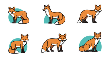 Obraz premium A charming collection of stylized red fox illustrations, showcasing various poses and perspectives against a simple background, perfect for diverse design projects.