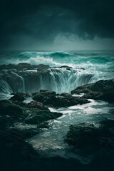 Ocean water dramatically draining into a coastal sinkhole