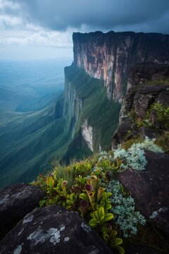 Mount roraima tepui cliff with waterfalls and pitcher plants