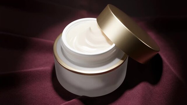 A close-up shot of a luxurious cosmetic cream jar with golden accents, radiating elegance and sophistication. The cream is smooth and inviting, offering a glimpse into a world of skincare