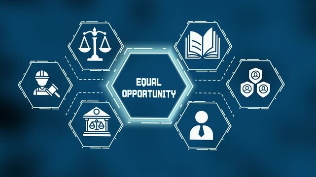 Equal opportunity employment concept with HR policy, legal framework and workforce inclusion management icons.