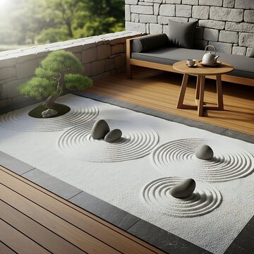 Zen garden tranquility, stones, sand waves, bonzai tree and terrace view