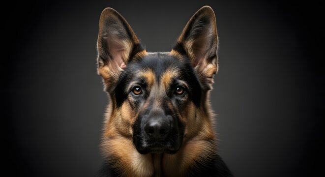 A close-up portrait of a German Shepherd dog with a dark background