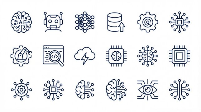 Collection of abstract line icons illustrates various concepts related to artificial intelligence, machine learning, and data.