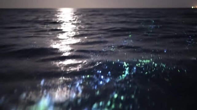 Dark Ocean Water Surface Reflecting Moonlight With Bioluminescent Sparkles.