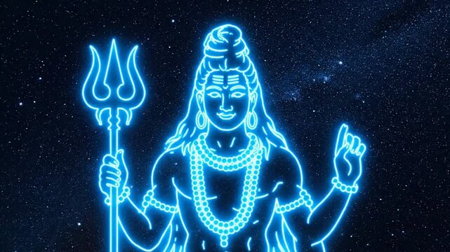 Neon illustration of divine figure against starry backdrop
