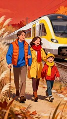 Obraz premium A family of three walks along a railway track in autumn with a yellow and white train passing by in the background.