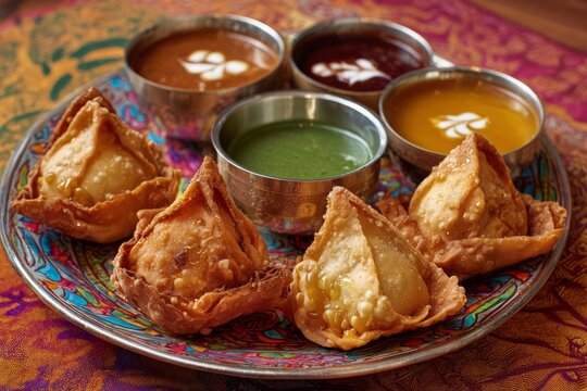 Fried Indian Samosas with Chutneys on Decorative Plate in Traditional Setting