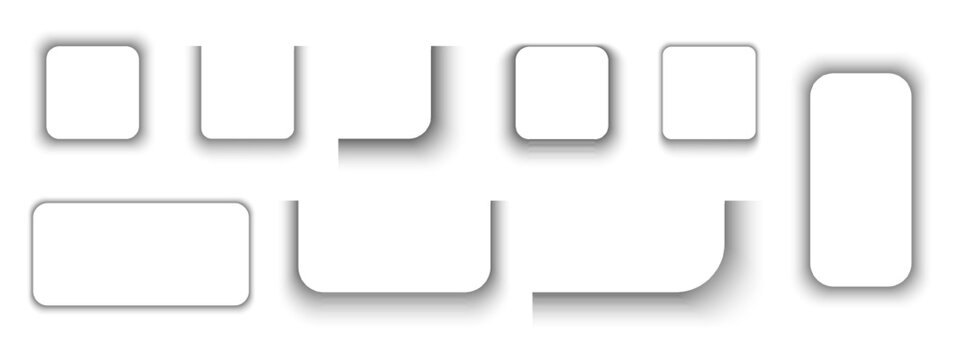 Set of web banners, buttons, paper pages or packing boxes shadow effects. Soft blurry rectangular shapes. Square and rectangle shades isolated on white background. Vector realistic illustration.