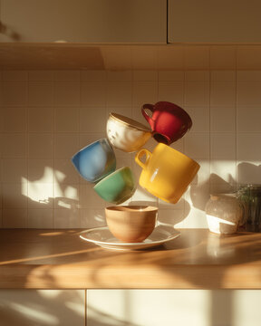 Cups subtly defying gravity, captured in soft natural light with gentle shadows for a playful modern surreal aesthetic