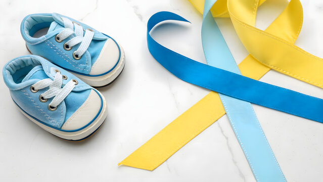 Baby shoes and blue yellow ribbons raising birth defect awareness