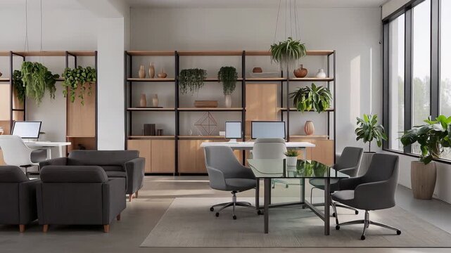 Bright open plan office interior with stylish furniture and green plants enhancing a modern work environment