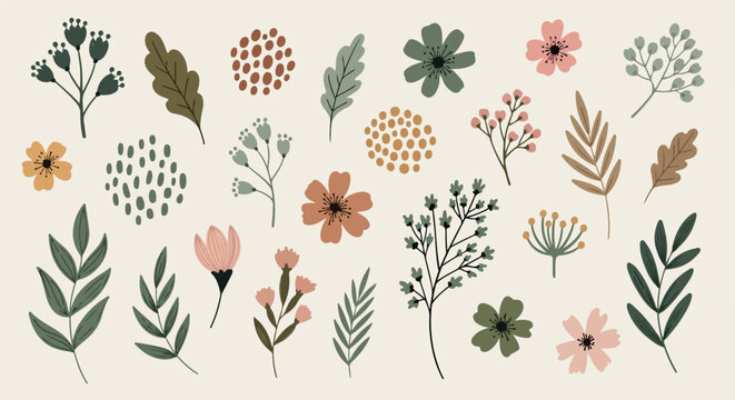 Collection of various handdrawn floral elements and leaves in earthy tones.
