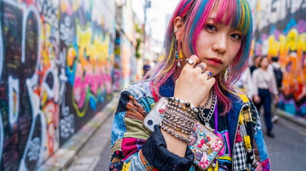 Naklejka premium Young japanese girl in harajuku street fashion colorful clothing tokyo youth culture background copy space creative style trendy lifestyle