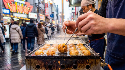 Obraz premium Takoyaki cooking process on street market action shot japanese street food background copy space osaka snack culinary delicious nutrition