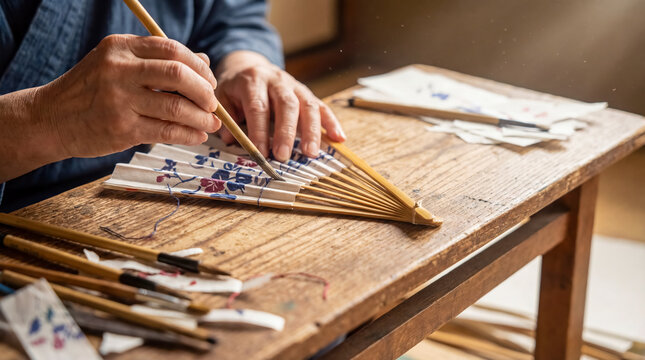 Handmade japanese folding fan sensu process close up hands artisan craft culture background copy space traditional tool paper artisan