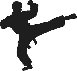 Naklejka premium Silhouette of a martial artist in a defensive stance with a raised fist and extended leg in black on white