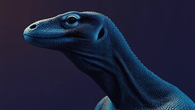 A close-up portrait of a blue scaled creature in front of a dark blue background