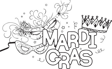 Obraz premium Black and white vector illustration for Mardi Gras with decorative masks, crown, stars, and swirling confetti