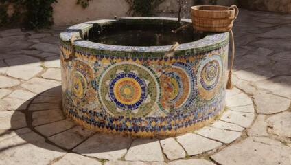 Fototapeta premium Ornate Wishing Well with Mosaic Tile Decoration in Courtyard.