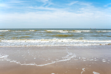 Beautiful sea view, sand and blue sky in the summer day.