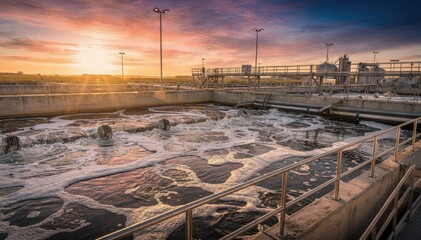 Medium shot of aeration basins in a wastewater treatment plant at sunset showcasing vibrant sky hues reflecting on the water surface and industrial structures.
