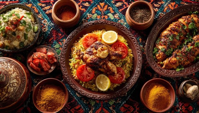 Traditional Middle Eastern Roast Chicken with Vegetables and Spices on Colorful Textile