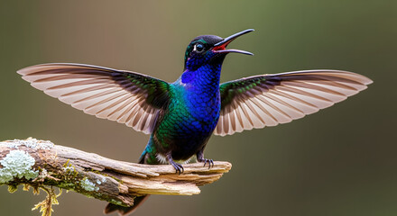 Fototapeta premium Whisk hummingbird in flight on a branch with vibrant feathers and outstretched wings in a natural setting