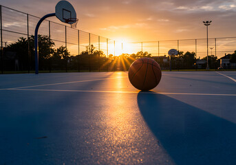 Basketball ball on court at sunset