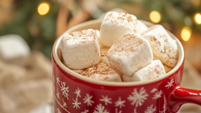 Close up of a red mug filled with marshmallows and cinnamon