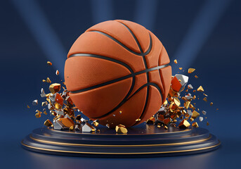 Basketball on display platform with splinters