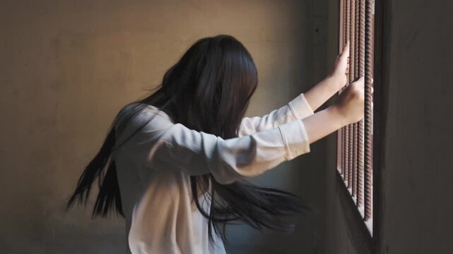 A mentally ill girl locked in a cell.Human trafficking or human rights violations, Stop violence and abuse children.