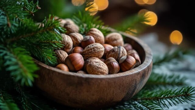 Close up of assorted nuts in a wooden bowl with greenery and bokeh lights