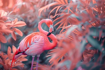 Fototapeta premium Flamingo with pink and orange feathers hiding in the tropical vegetation