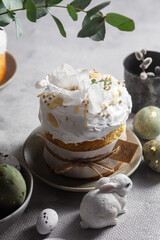Traditional Easter cakes and painted eggs in white colors .Easter Kulich	