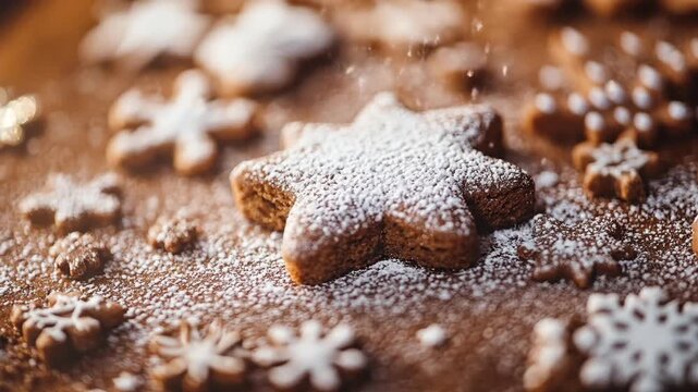 Close up of baked star shaped cookie with powdered sugar detail