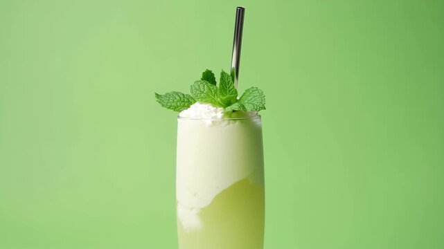 Refreshing minty smoothie transformation with creamy splash on vibrant green background
