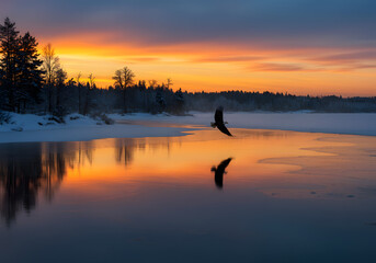 Bird flying over frozen river sunrise