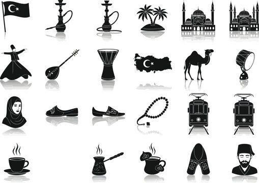 Turkish Culture Icons: Flag, Whirling Dervish, Camel, Coffee Pot, and Hookah