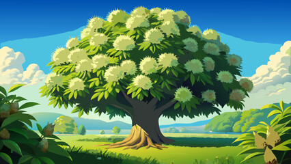 Obraz premium Very beautiful sweet chestnut tree in full bloom, captured with intricate botanical detail, highlighting fresh green tones, delicate textures, and the elegance of seasonal plant growth.