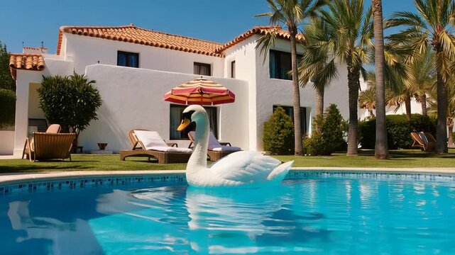 A large white swan pool float in a backyard swimming pool with a white house, palm trees, and lounge chairs in the background, possibly for summer vacation advertising