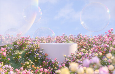 Natural beauty podium backdrop with spring rose flower garden scene. 3d rendering.