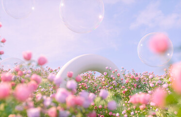 Natural beauty podium backdrop with spring rose flower garden scene. 3d rendering.