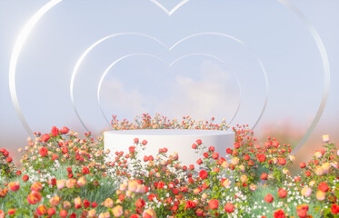 Love podium with Heart shape frame in dreamy rose garden. Wedding and Valentine 3d rendering background.